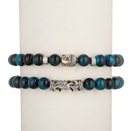 Blue Tiger Eye Buddha Bracelet Set // 2 Piece Set // 6" Adjustable Band
