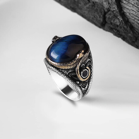 925 Sterling Silver Snake Details Blue Tiger's Eye Stone Men's Ring // Silver + Blue (6.5)