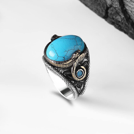 925 Sterling Silver Snake Details Turquoise Stone Men's Ring // Silver + Blue (6.5)