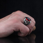 925 Sterling Silver Garnet Stone Men's Ring V1 // Red + Black + Silver (7.5)