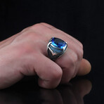 925 Sterling Silver Blue Topaz Stone Men's Ring // Silver + Blue (6.5)