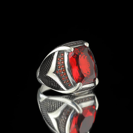 925 Sterling Silver Garnet Stone Men's Ring V1 // Red + Black + Silver (6.5)