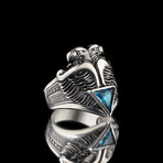 925 Sterling Silver Triangle Aquamarine Stone Eagle Men's Ring // Silver + Blue (10.5)