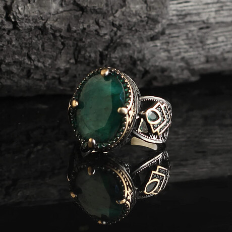 925 Sterling Silver Emerald Stone Men's Ring // Green (6.5)