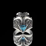 925 Sterling Silver Triangle Aquamarine Stone Eagle Men's Ring // Silver + Blue (8)