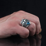 925 Sterling Silver Triangle Aquamarine Stone Eagle Men's Ring // Silver + Blue (9)