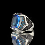 925 Sterling Silver Blue Topaz Stone Men's Ring // Silver + Blue (9)