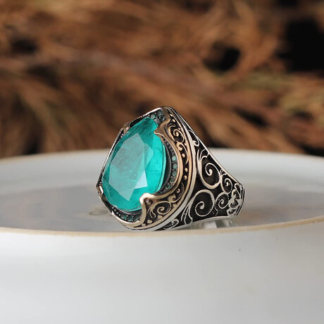 925 Sterling Silver Droplet Paraiba Tourmaline Stone Men's Ring // Silver + Blue (6.5)