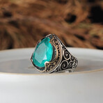 925 Sterling Silver Droplet Paraiba Tourmaline Stone Men's Ring // Silver + Blue (10.5)