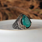 925 Sterling Silver Droplet Paraiba Tourmaline Stone Men's Ring // Silver + Blue (6.5)