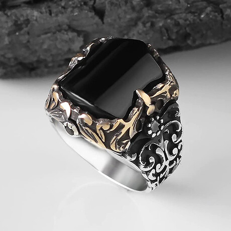 925 Sterling Silver Onyx Stone Ring // Silver + Black (6.5)