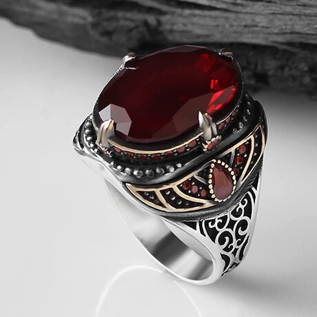 925 Sterling Silver Garnet Stone Men's Ring V1 // Silver + Red (6.5)