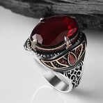 925 Sterling Silver Garnet Stone Men's Ring V1 // Silver + Red (10)