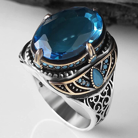 925 Sterling Silver Aquamarine Stone Men's Ring V1 // Silver + Blue (6.5)