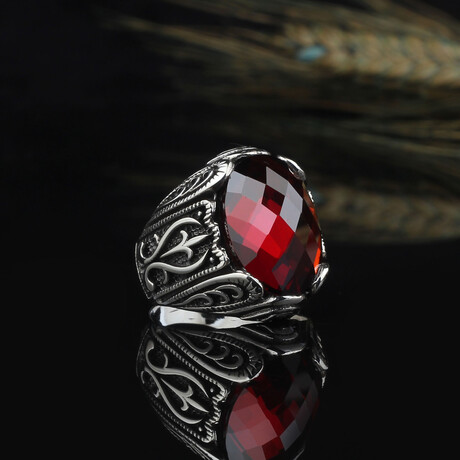 925 Sterling Silver Garnet Stone Minimalist Men's Ring // Red + Black (6.5)