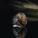 925 Sterling Silver Tiger's Eye Stone Men's Ring V1 // Silver + Brown + Black (6.5)