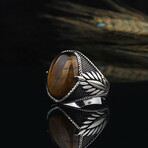 925 Sterling Silver Tiger's Eye Stone Men's Ring V1 // Silver + Brown + Black (10.5)