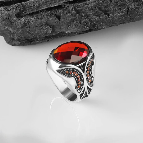 925 Sterling Silver Garnet Stone Men Silver Ring // Red + Brown + Black (6.5)