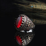 925 Sterling Silver Garnet Stone Men's Ring // Style 2 // Silver + Red (7.5)