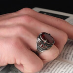 925 Sterling Silver Garnet Stone Men's Ring V1 // Silver + Red (8.5)