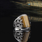 925 Sterling Silver Tiger's Eye Stone Men's Ring V2 // Silver + Brown + Black (7)