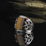 925 Sterling Silver Tiger's Eye Stone Men's Ring V2 // Silver + Brown + Black (9.5)