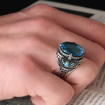 925 Sterling Silver Aquamarine Stone Men's Ring V1 // Silver + Blue (10)