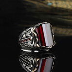 925 Sterling Silver Garnet Stone Men's Ring V2 // Red + Black + Silver (8.5)