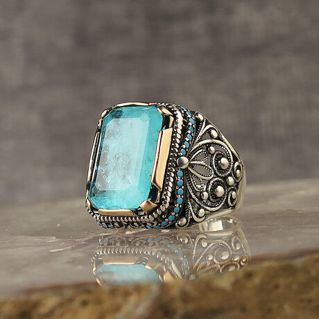 925 Sterling Silver Paraiba Tourmaline Stone Men's Ring // Silver + Blue (6.5)