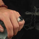 925 Sterling Oxidized Silver Minimalist Men's Ring with Onyx Stone // Black (7)