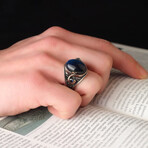 925 Sterling Silver Snake Details Blue Tiger's Eye Stone Men's Ring // Silver + Blue (6.5)