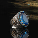 925 Sterling Silver Blue Topaz Stone Men's Silver Ring // Silver + Blue (10)