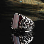 925 Sterling Silver Garnet Stone Men's Ring V2 // Red + Black + Silver (10.5)