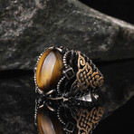 925 Sterling Silver Tiger's Eye Stone Men's Ring V3 // Silver + Brown + Black (10.5)