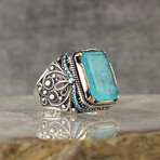 925 Sterling Silver Paraiba Tourmaline Stone Men's Ring // Silver + Blue (10.5)