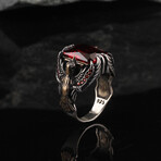 925 Sterling Silver Garnet Stone Eagle Details Men's Ring // Silver + Red (8.5)