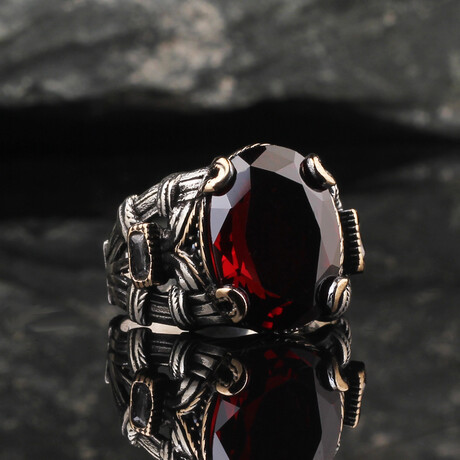 925 Sterling Silver Garnet Stone Men's Ring V2 // Silver + Red (6.5)