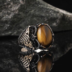 925 Sterling Silver Tiger's Eye Stone Men's Ring V3 // Silver + Brown + Black (10)