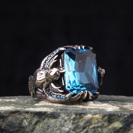 925 Sterling Silver Blue Topaz Stone Eagle Details Men's Ring // Silver + Blue (6.5)