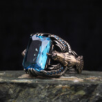 925 Sterling Silver Blue Topaz Stone Eagle Details Men's Ring // Silver + Blue (10)