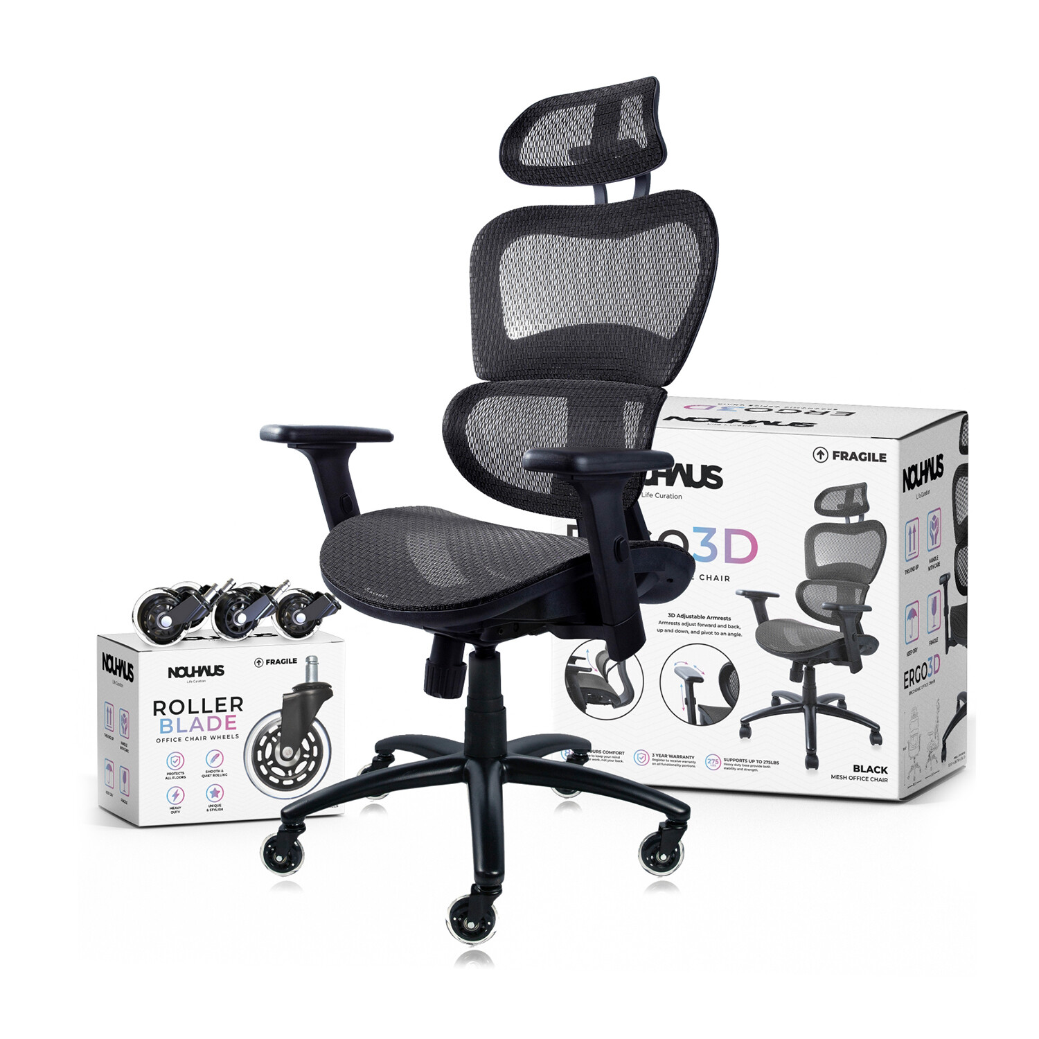 Nouhaus Ergo3D Ergonomic Office Chair - Rolling Desk Chair with 3D