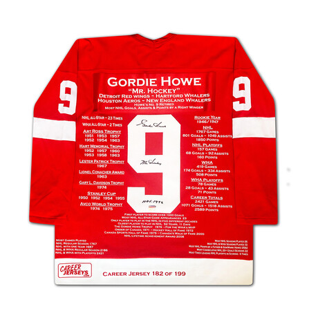 Gordie Howe Career Jersey - Autographed - LTD ED 199 - Detroit Red Wings