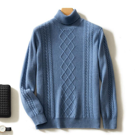 Cable Knit Turtleneck Cashmere Sweater // Light Blue (XS)