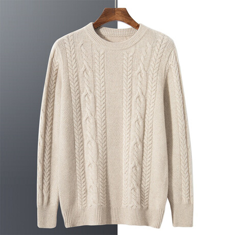 Cable Knit Crewneck Cashmere Sweater // Beige (S)