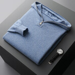 Zip-Hooded Neck Cashmere Sweater // Light Blue (L)