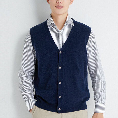 V-Neck Cardigan Cashmere Vest // Navy Blue (XS)