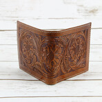 Tooled Leather Men's Top Flap Bi-Fold Wallet // Tan
