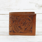 Tooled Leather Men's Top Flap Bi-Fold Wallet // Tan