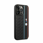 M Collection // Vegan Leather iPhone Case // Hexagonal Pattern + Smooth PU Stripe + Metal Logos (iPhone 14)