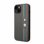 M Collection // Vegan Leather Mesh iPhone Case // Printed Tricolor Lines + Metal Logos // Gray (iPhone 14)